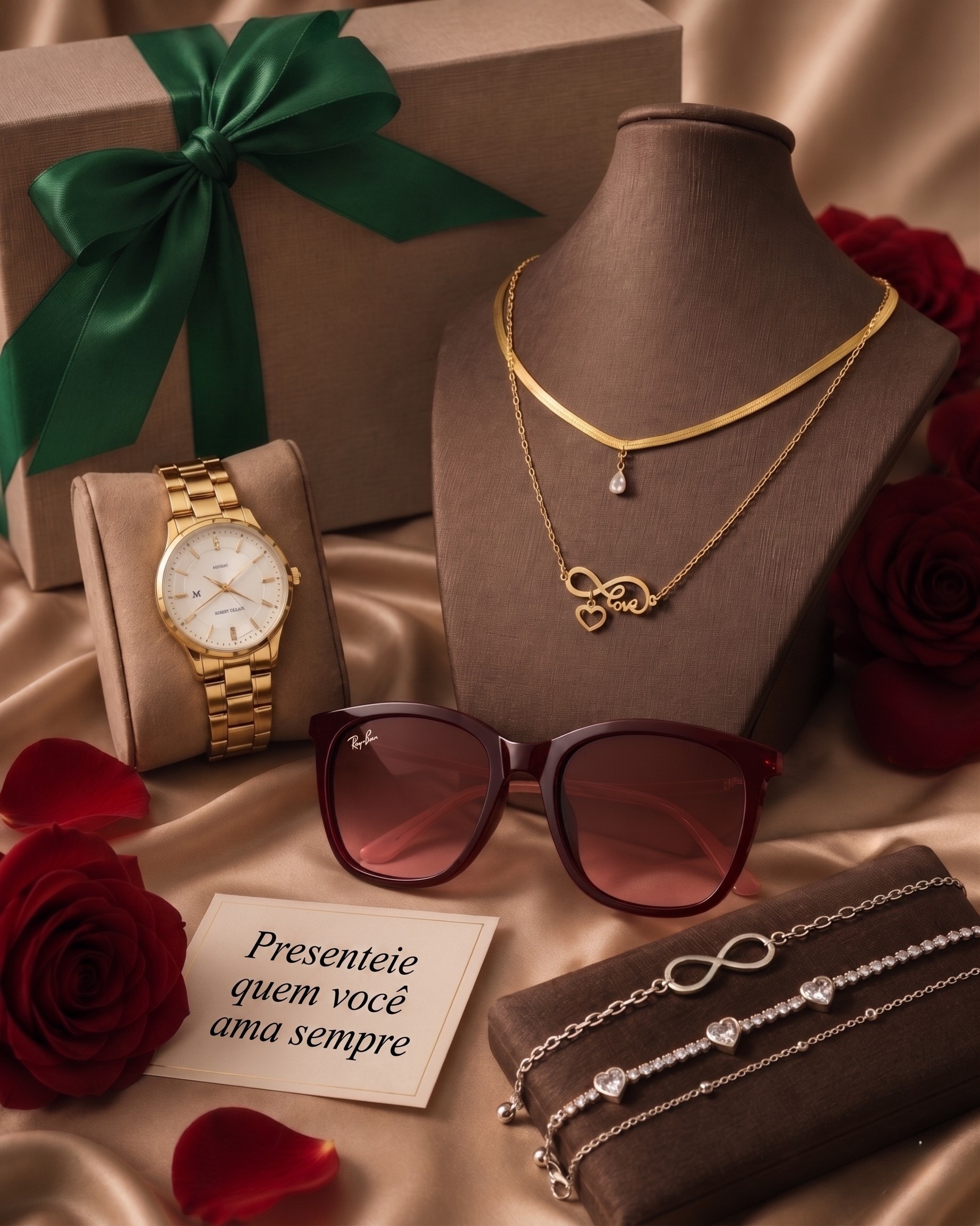 Caixa de presente, relógio, colares, óculos de sol e pulseiras da Zyon Ótica e Joalheria